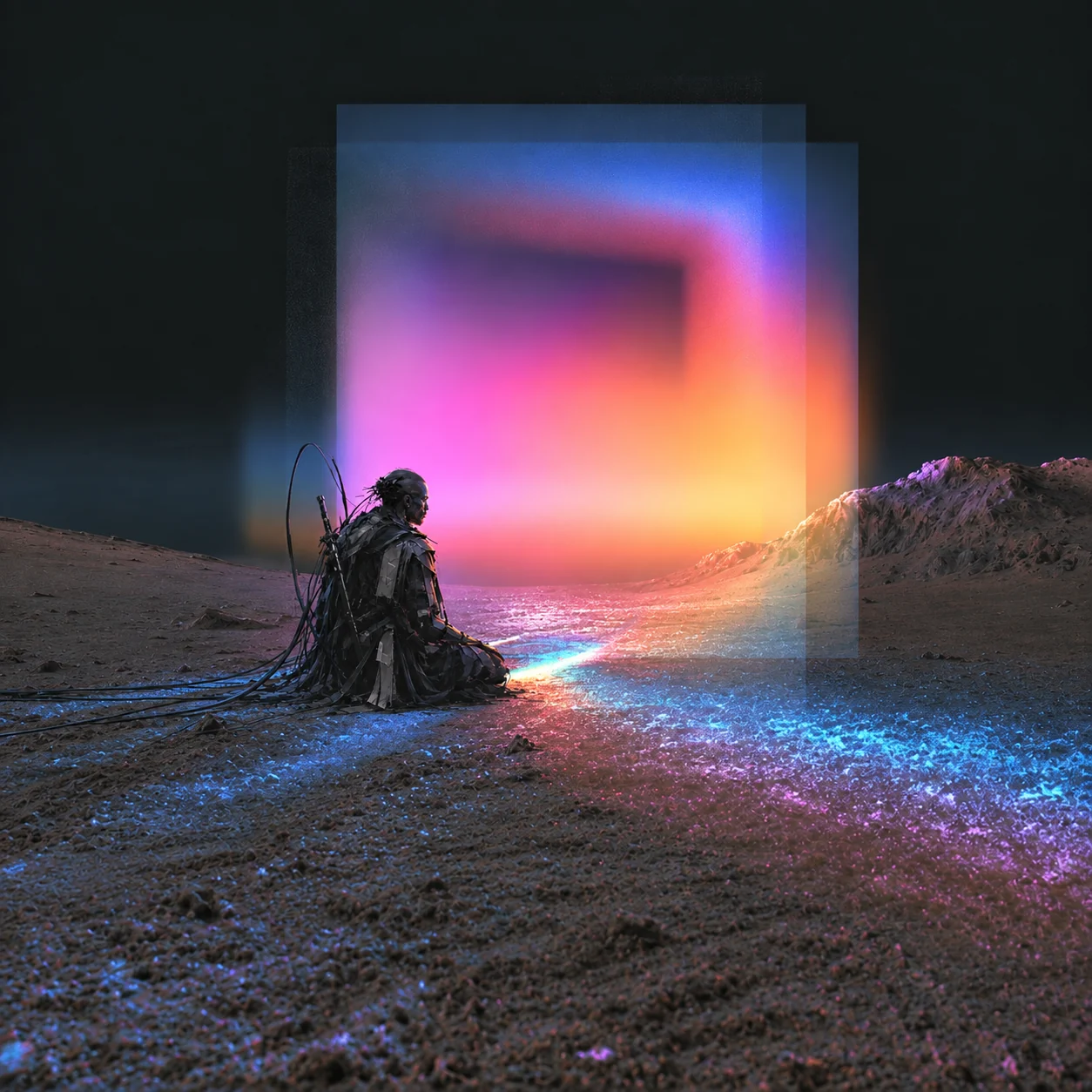 A figure kneels in the sand before a wall of frosted, glowing light